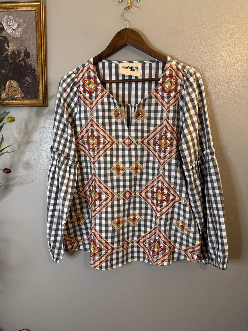 Savanna Jane Embroidered Buffalo Plaid Boho Peasant Top Medium Aztec Western M - Picture 2 of 9